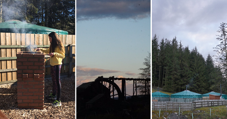 A family camping in the yurts at Killhope, County Durham.